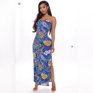 Fashion Nova Royal Blue Tropical Strapless Maxi Dress